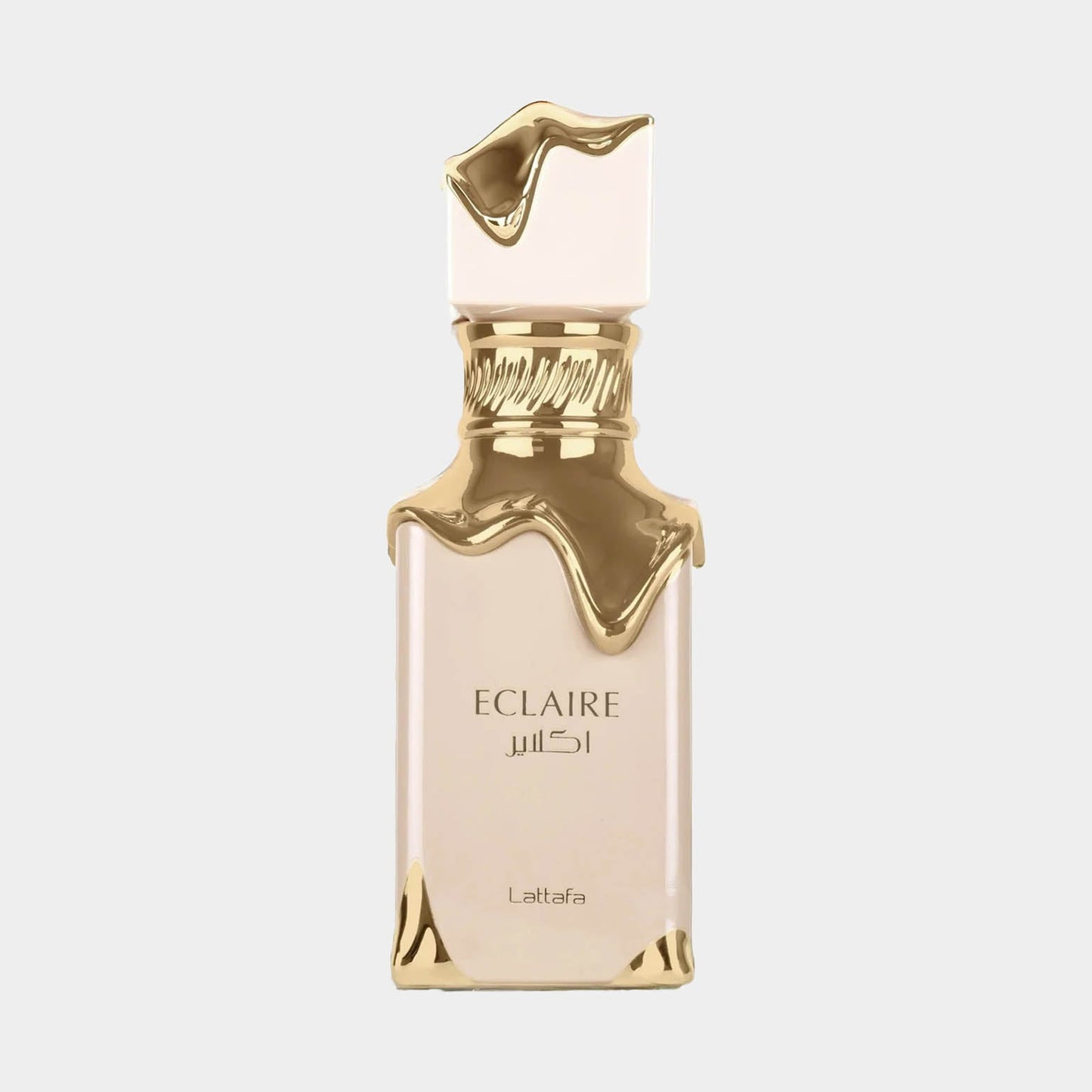 A luxurious bottle of Lattafa Eclaire Sample, featuring an elegant design with a gold dripped cap and a minimalist glass body, showcasing its sophisticated fragrance.