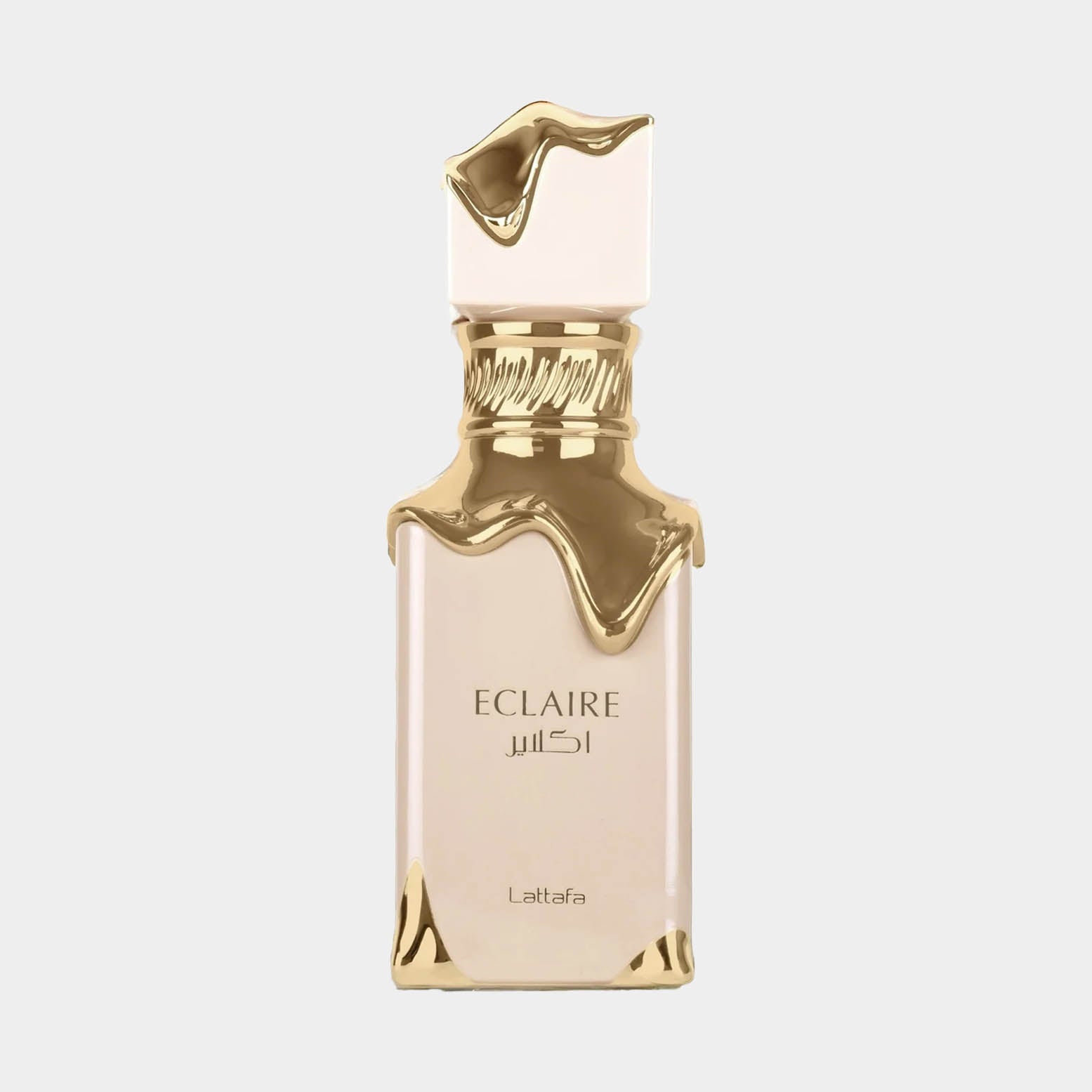 A luxurious bottle of Lattafa Eclaire Sample, featuring an elegant design with a gold dripped cap and a minimalist glass body, showcasing its sophisticated fragrance.