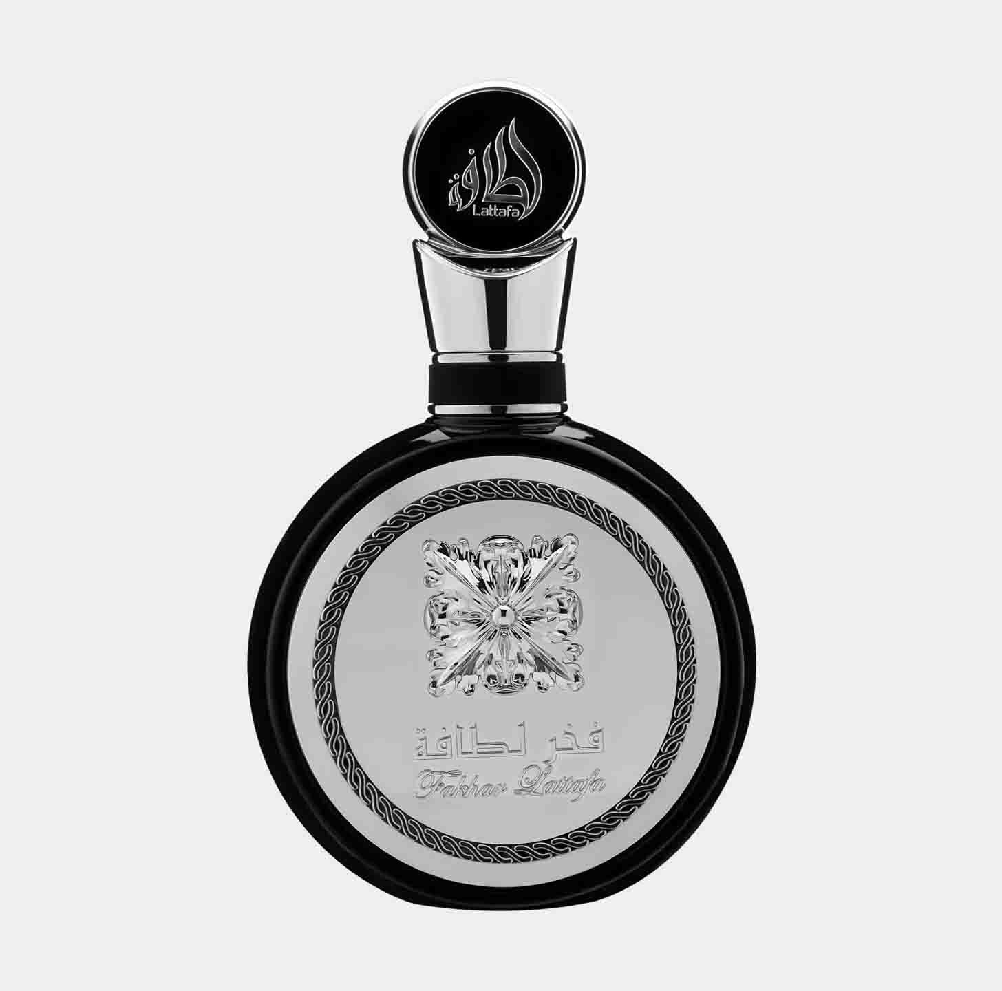 Lattafa Perfumes Fakhar Men full bottle featuring an ornate black and silver design with a decorative cap and intricate detailing.