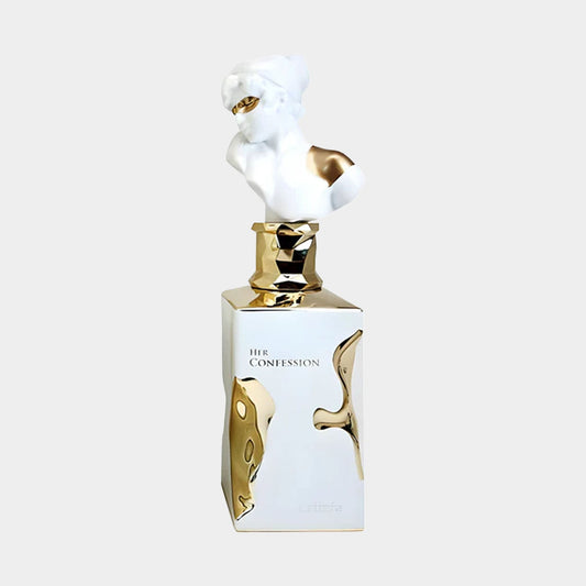 Lattafa Her Confession Sample fragrance, featuring an elegant sculpted bust design atop a sleek gold and white bottle.