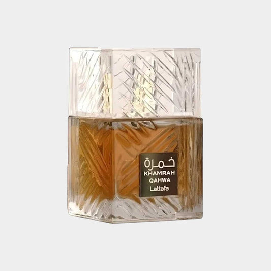 A clear glass sample bottle of Lattafa Perfumes Khamrah Qahwa, featuring a textured design and filled with a rich brown fragrance.