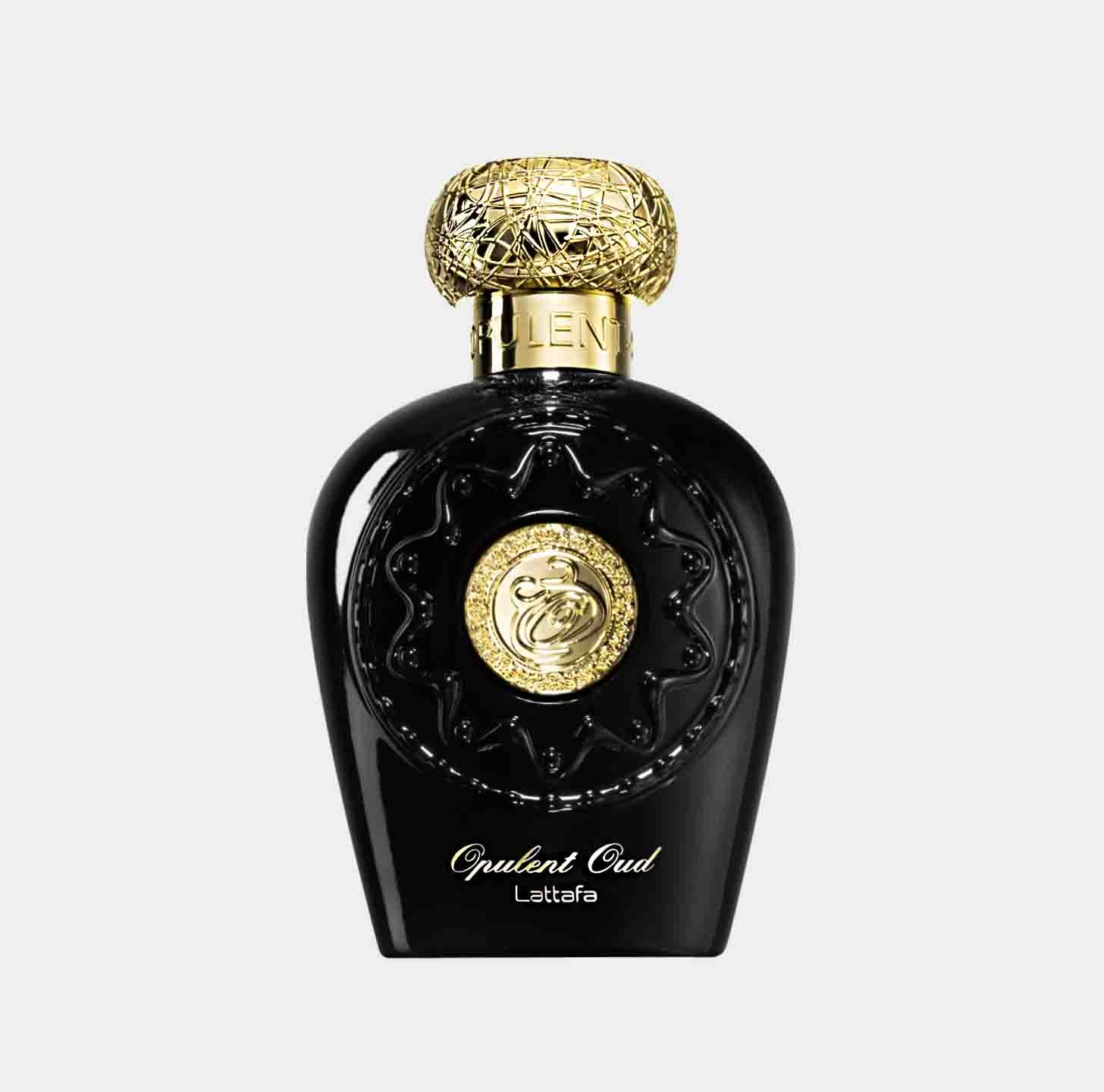 A luxurious black bottle of Lattafa Perfumes Opulent Oud Sample, featuring a decorative gold cap and intricate logo design. The elegant packaging reflects the richness of the fragrance inside.