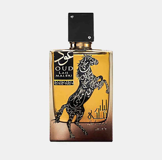 A luxurious bottle of Lattafa Perfumes Oud Lail Maleki Sample, featuring intricate black and gold design with a rearing horse. The bottle is topped with a sleek black cap, showcasing the rich fragrance within.