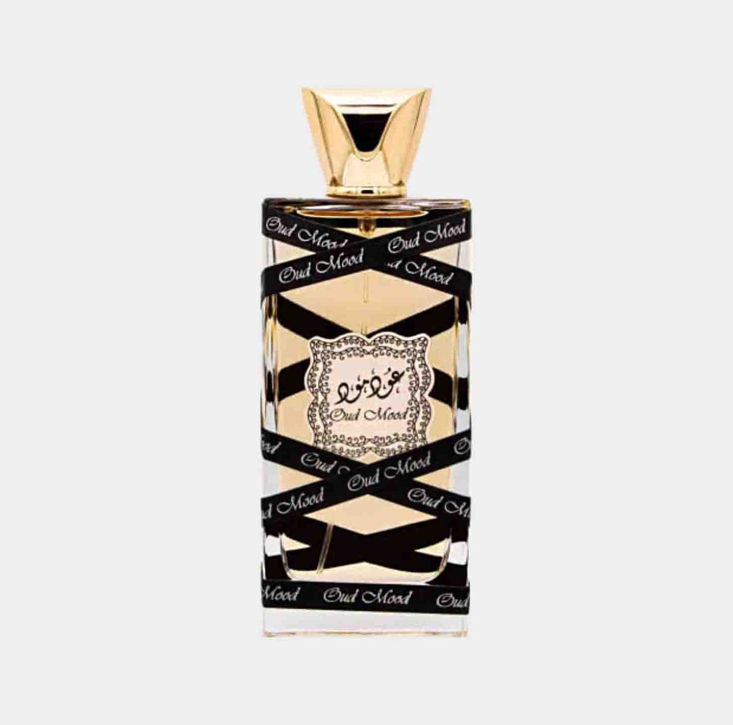 A stylish bottle of Lattafa Perfumes Oud Mood Sample featuring an elegant design with black and gold accents, showcasing its luxurious and sophisticated aesthetic.