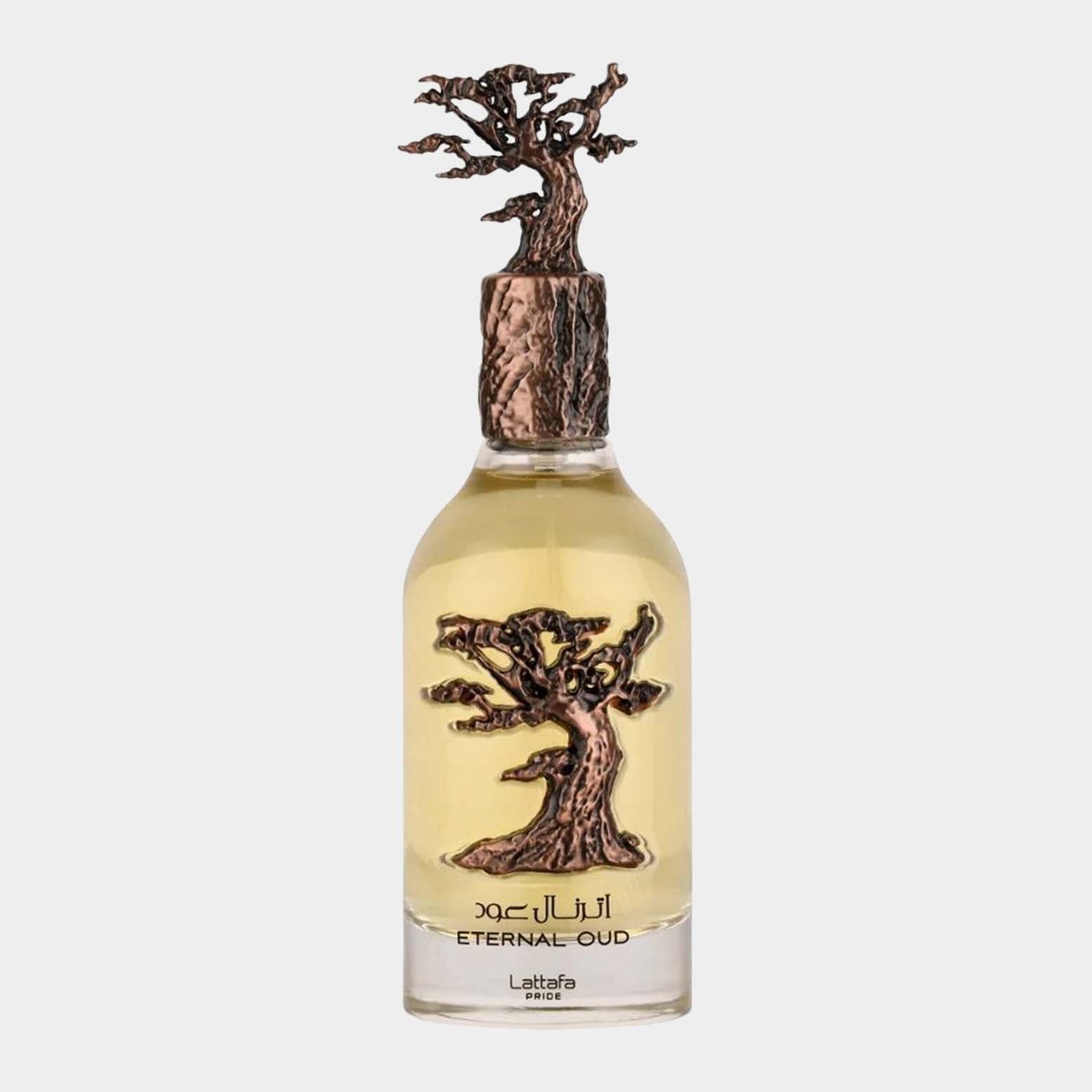 A bottle of Lattafa Pride Eternal Oud Sample, featuring a unique tree-shaped cap and a golden fragrance within, showcasing a blend of elegance and nature.