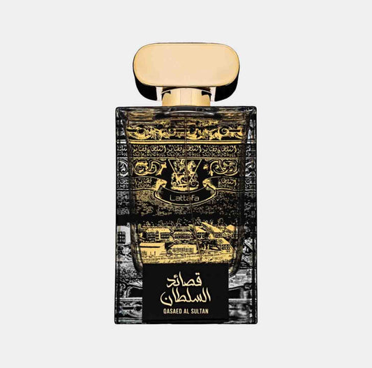 A sample bottle of Lattafa Perfumes Qasaed Al Sultan, featuring an ornate black and gold design with Arabic calligraphy and a decorative top.