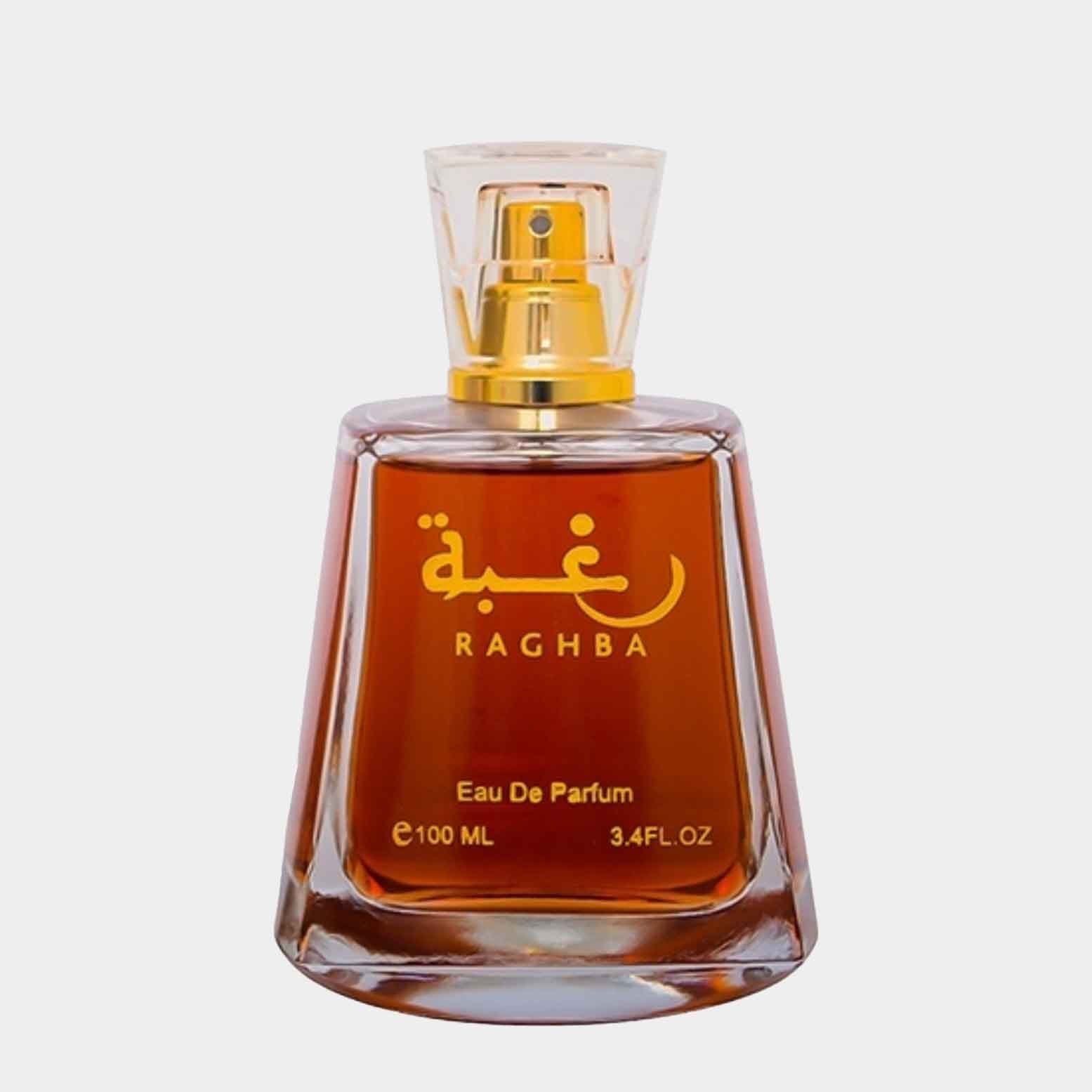 Lattafa Perfumes Raghba EDP Sample featuring a stylish glass bottle with a golden cap and label, filled with a rich amber-colored fragrance.