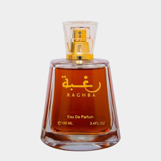 Lattafa Perfumes Raghba EDP Sample featuring a stylish glass bottle with a golden cap and label, filled with a rich amber-colored fragrance.