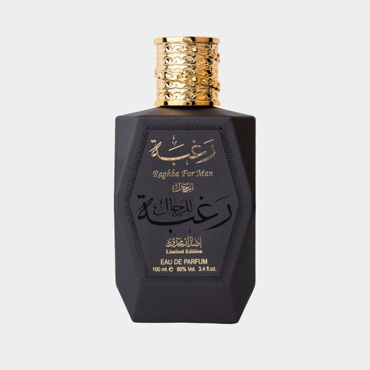 Lattafa Perfumes Raghba For Men Sample, featuring a sleek black bottle with gold accents and Arabic script, designed for a luxurious, masculine fragrance experience.