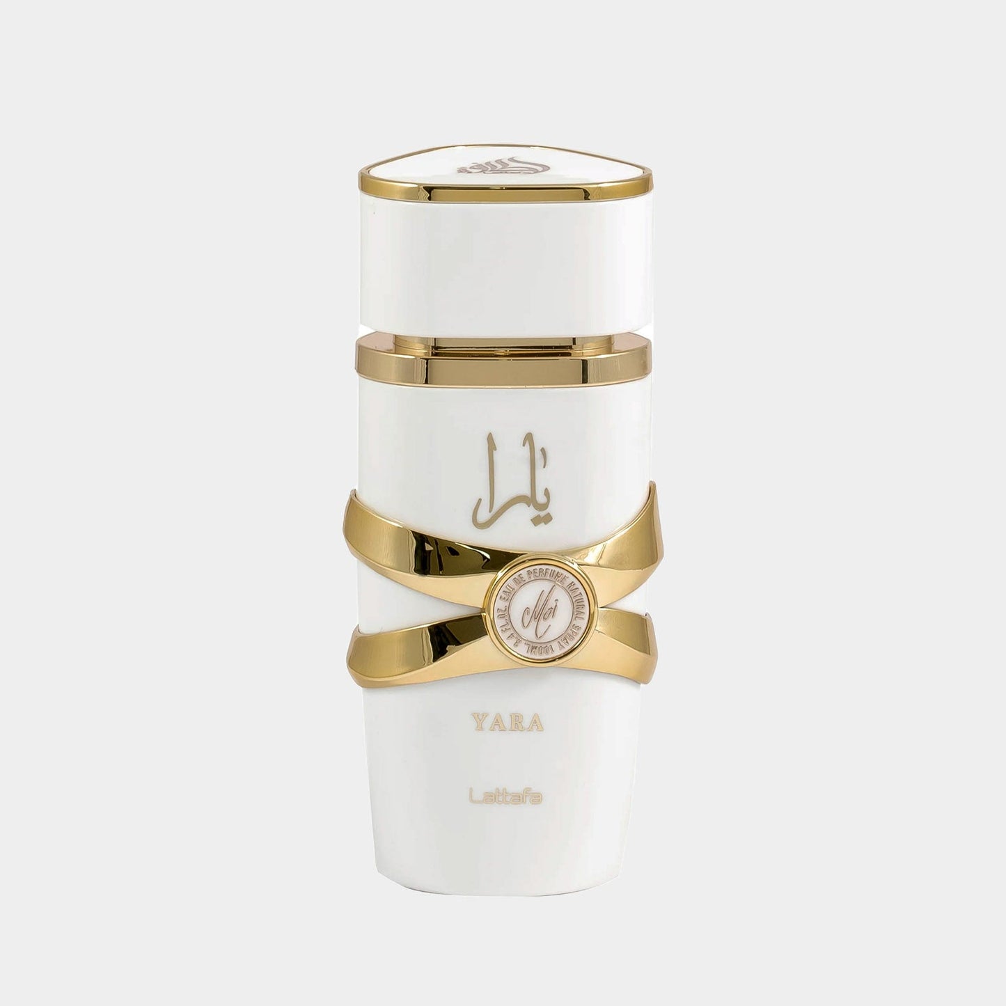 A stylish white and gold perfume bottle featuring the label Yara by Lattafa Perfumes, designed as a sample size. The bottle is elegantly adorned with a decorative strap and emblem.
