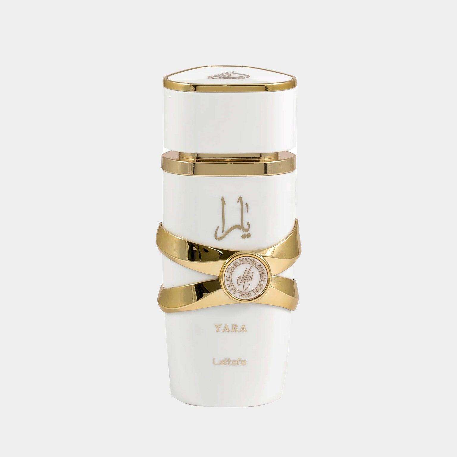 A stylish white and gold perfume bottle featuring the label Yara by Lattafa Perfumes, designed as a sample size. The bottle is elegantly adorned with a decorative strap and emblem.