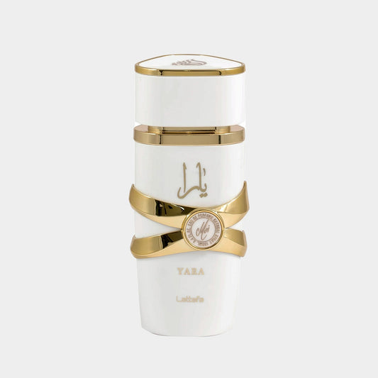 A stylish white and gold perfume bottle featuring the label Yara by Lattafa Perfumes, designed as a sample size. The bottle is elegantly adorned with a decorative strap and emblem.