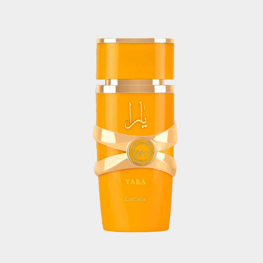 A sleek and vibrant bottle of Lattafa Yara Tous Sample, featuring a bold yellow design with elegant golden accents and the brand name prominently displayed.