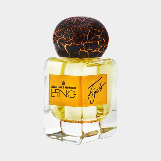 A full bottle of Lengling Figolo, featuring a clear glass design with a distinctive cracked dark cap and a vibrant yellow label. The fragrance exudes a luxurious and sophisticated appeal.