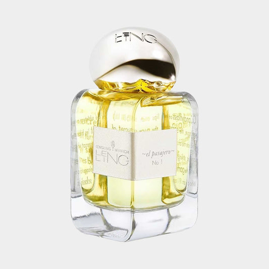 Lengling No. 1 - El Pasajero full bottle featuring a luxurious glass design with a golden cap, showcasing a light yellow fragrance inside.