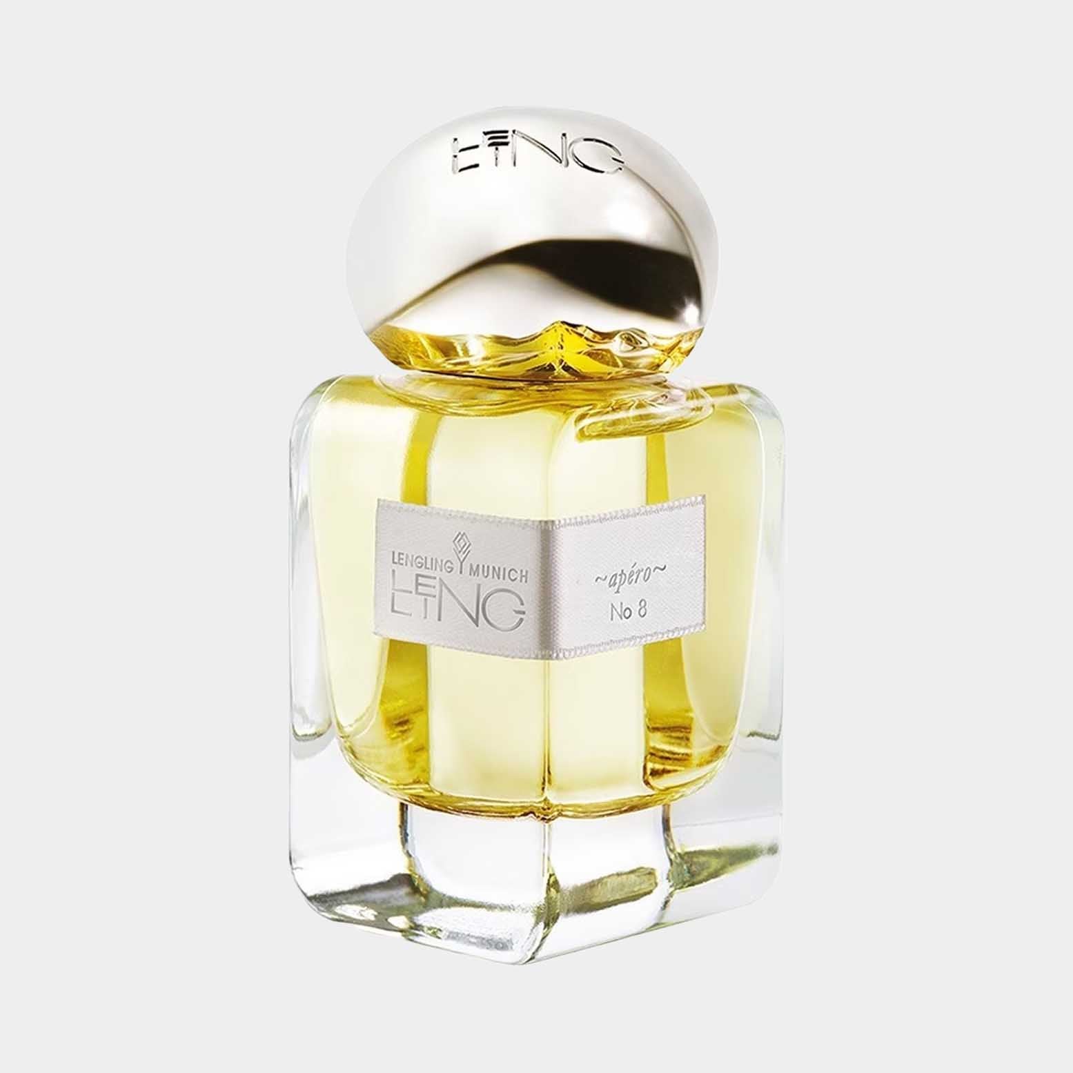 Lengling No. 8 – Apéro full bottle featuring a sleek glass design with a gold cap, showcasing a bright yellow perfume inside.