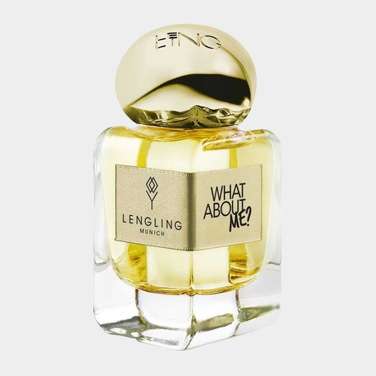A clear glass bottle of Lengling What About Me? perfume, featuring a gold cap and a label with the product name prominently displayed.
