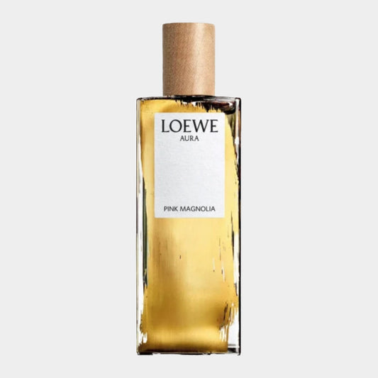 Loewe Pink Magnolia Sample, featuring a sleek glass bottle with a gold tint and a wooden cap, labeled 'Loewe Aura Pink Magnolia'.