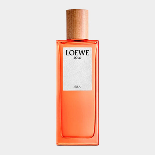 A bottle of Loewe Solo Ella Sample, featuring a vibrant orange liquid and a wooden cap, with a minimalist label displaying the brand name and fragrance.