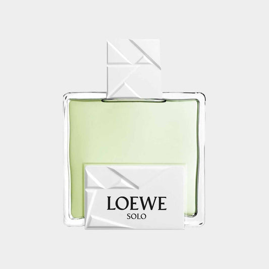 A bottle of Loewe Solo Origami Sample featuring a minimalist design with a green fragrance and a white geometric cap. The brand name LOEWE is prominently displayed on the front.