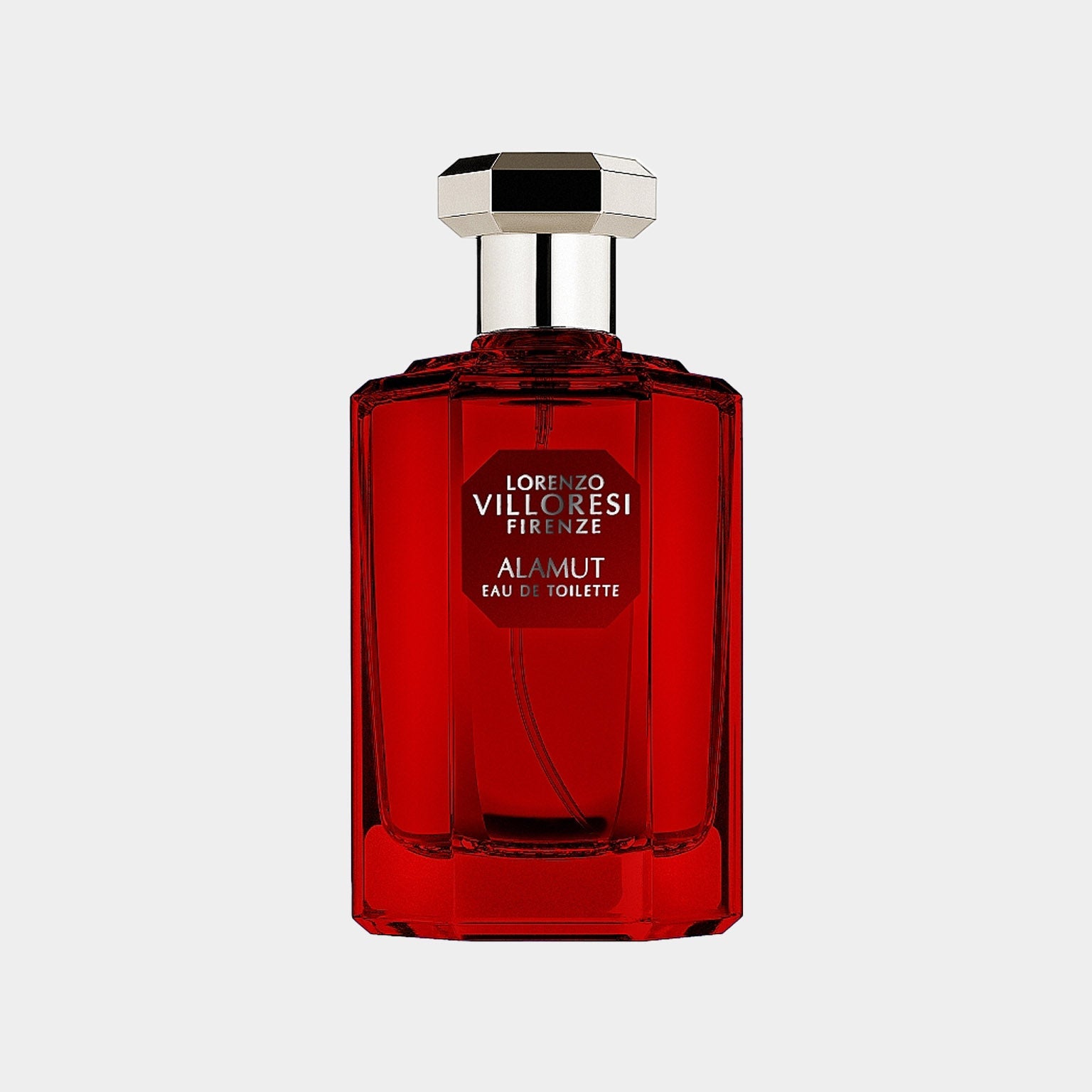 Lorenzo Villoresi Alamut EDT Sample features a striking red bottle with a sleek modern design. This fragrance embodies a rich and exotic blend, perfect for those seeking a unique scent experience.