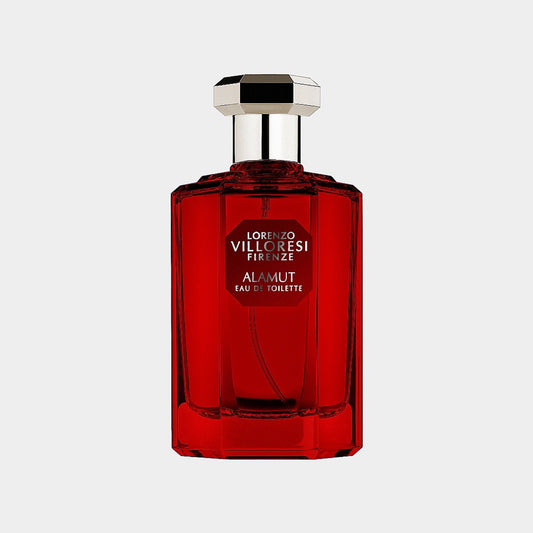 Lorenzo Villoresi Alamut EDT Sample features a striking red bottle with a sleek modern design. This fragrance embodies a rich and exotic blend, perfect for those seeking a unique scent experience.
