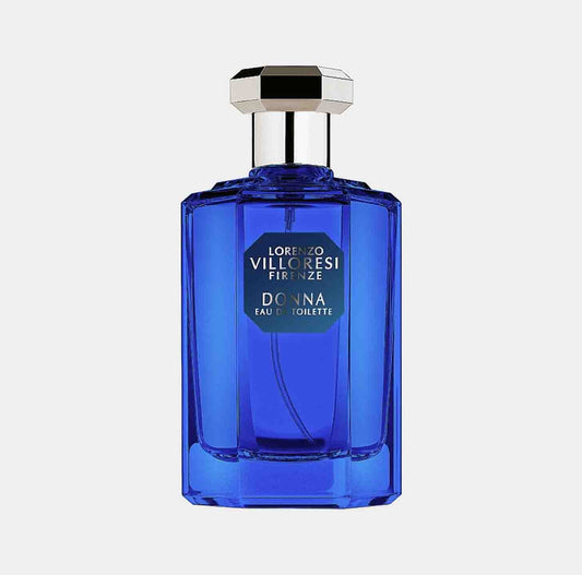 A striking blue bottle of Lorenzo Villoresi Donna Eau de Toilette, featuring a sleek design and a hexagonal cap. This elegant fragrance embodies a blend of floral and fresh notes, perfect for a sophisticated scent.