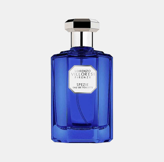 A sleek blue bottle of Lorenzo Villoresi Spezie Eau de Toilette, featuring a silver label and a distinctive hexagonal cap, elegantly designed for an aromatic experience.