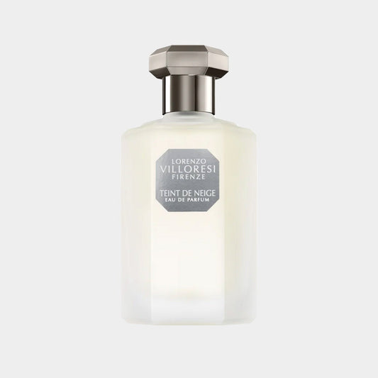 Lorenzo Villoresi Teint de Neige EDP sample in an elegant glass bottle with a silver cap, showcasing a minimalist design.