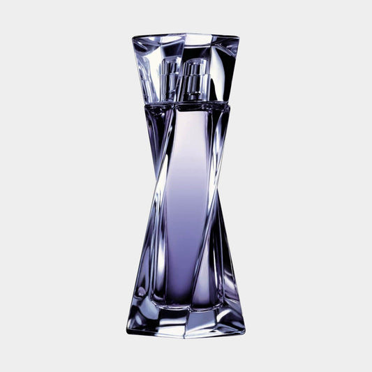 A sleek, modern bottle of Lancôme Hypnose fragrance, showcasing a unique hourglass design with a gradient from clear to purple. This image features a sample size of the popular women's perfume.