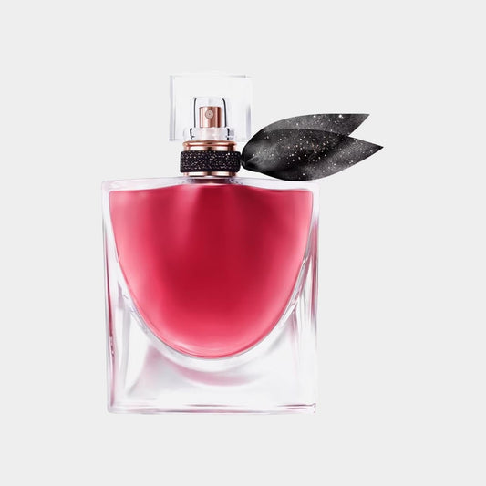 Sample bottle of Lancôme La Vie Est Belle L'Elixir, featuring a sleek glass design with a vibrant pink fragrance and a signature black ribbon adorned with sparkles.