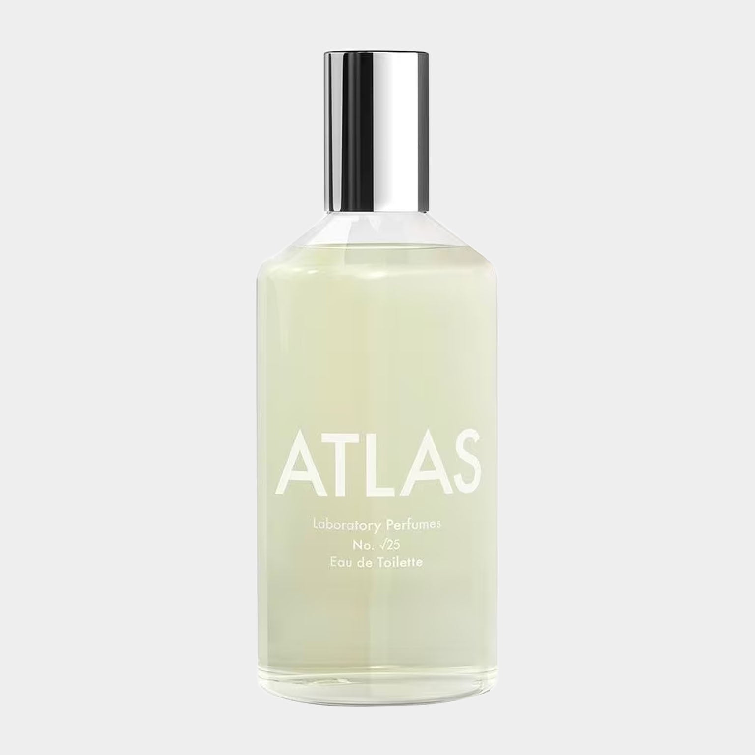 Laboratory Perfumes Atlas Sample is a sleek, clear glass bottle featuring a minimalist design with bold white lettering. The fragrance, labeled as No. 25 Eau de Toilette, showcases a light green liquid inside.
