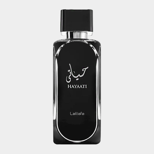 Lattafa Perfumes Hayaati Sample, featuring an elegant black bottle with Arabic text and a sleek design, perfect for fragrance enthusiasts.
