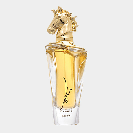 Lattafa Perfumes Maahir Sample features an ornate bottle topped with a golden horse head, showcasing a vibrant golden fragrance inside. The elegant design reflects the luxurious essence of the perfume.