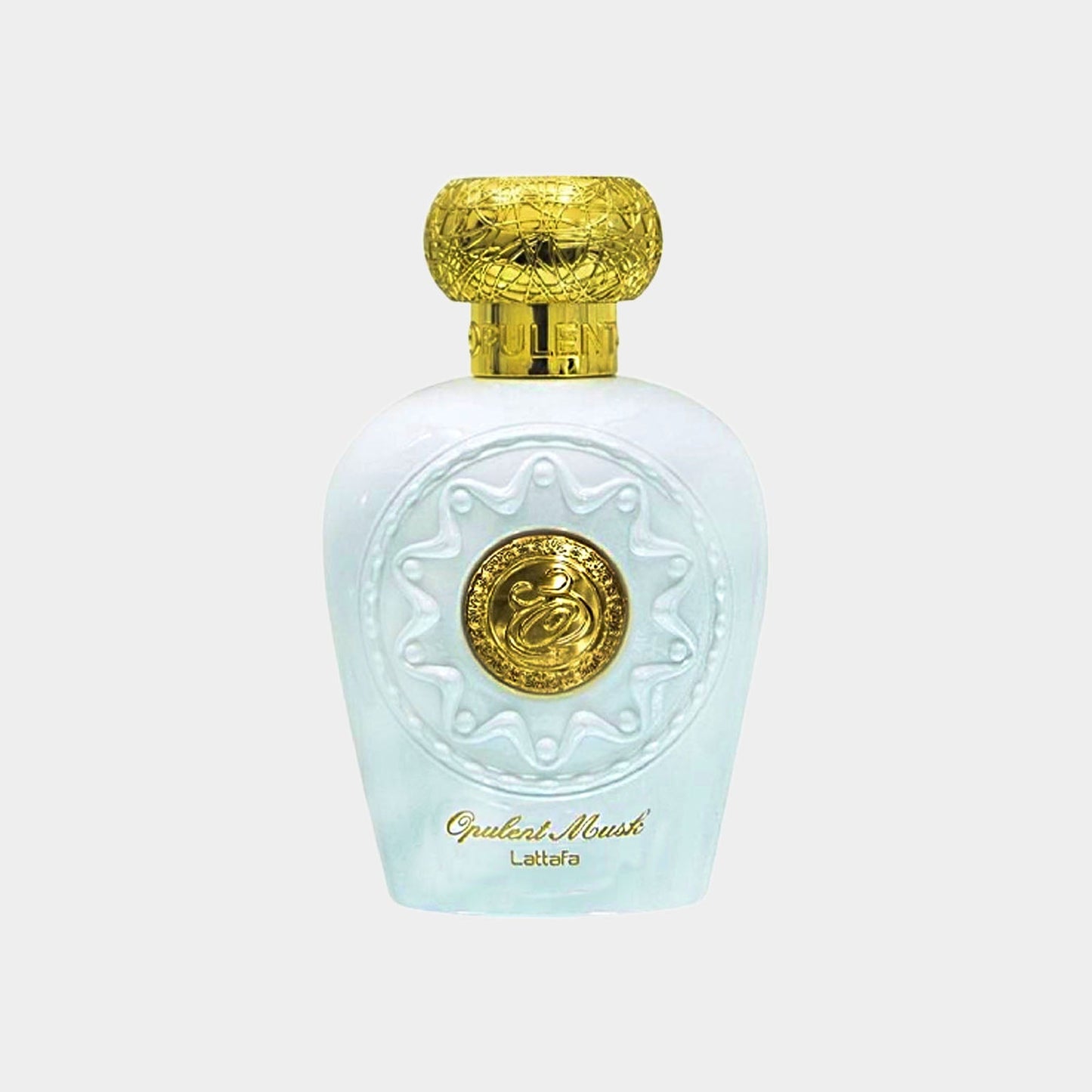 A stylish bottle of Lattafa Perfumes Opulent Musk Sample, featuring an elegant design with a golden cap and a white base, adorned with intricate patterns.