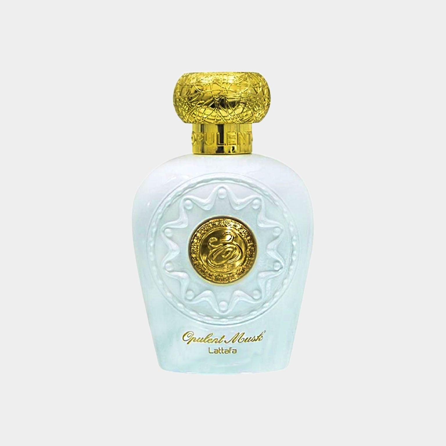 A stylish bottle of Lattafa Perfumes Opulent Musk Sample, featuring an elegant design with a golden cap and a white base, adorned with intricate patterns.