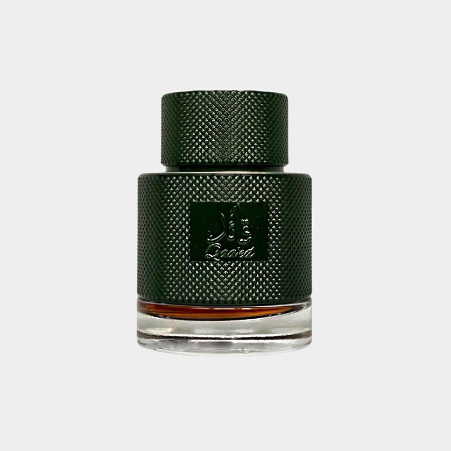 A close-up of the Lattafa Perfumes Qaa'ed Al Shabaab sample, featuring a textured green bottle with a metallic finish and a transparent base. The bottle design showcases an elegant and contemporary aesthetic.