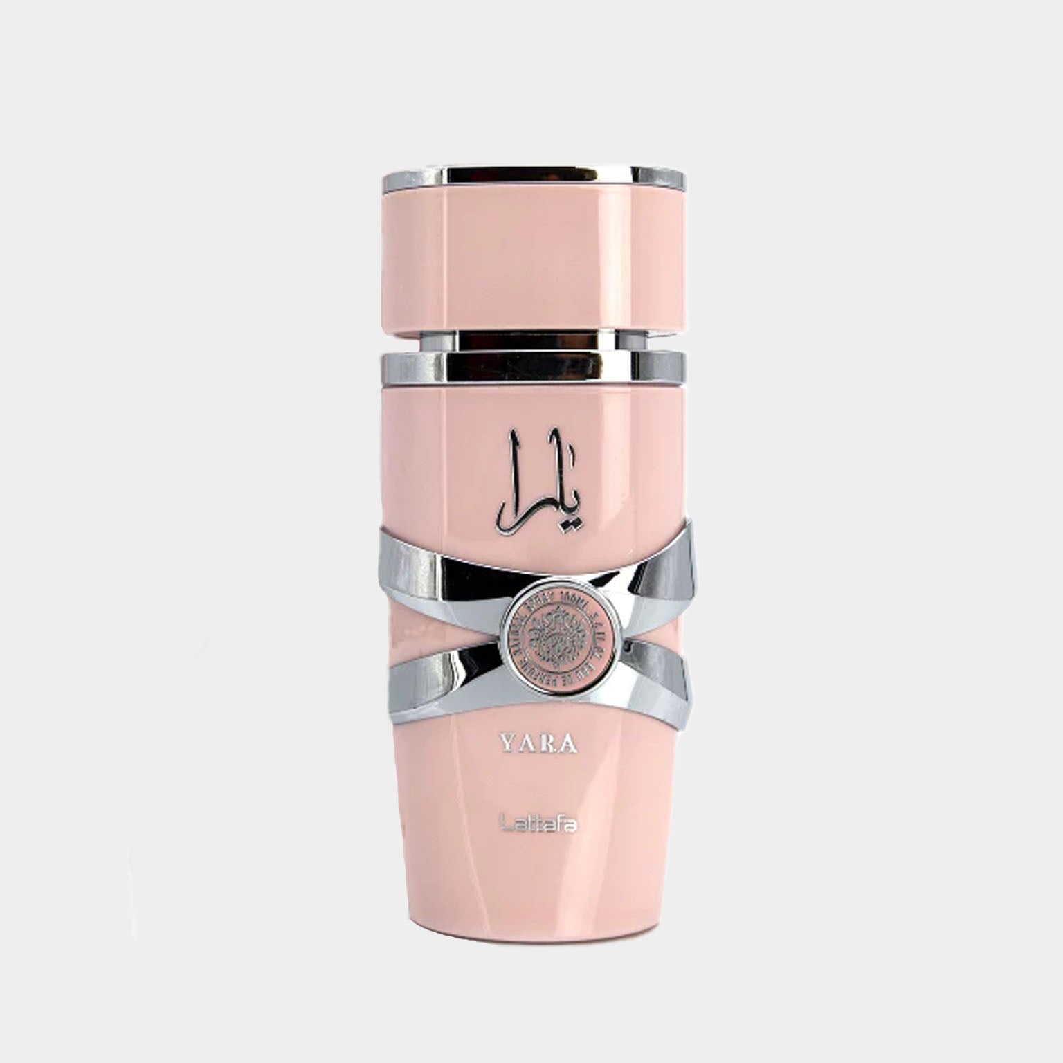 A full bottle of Lattafa Perfumes Yara, featuring an elegant pink design with silver accents and the brand name prominently displayed.