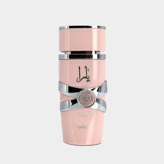 A full bottle of Lattafa Perfumes Yara, featuring an elegant pink design with silver accents and the brand name prominently displayed.