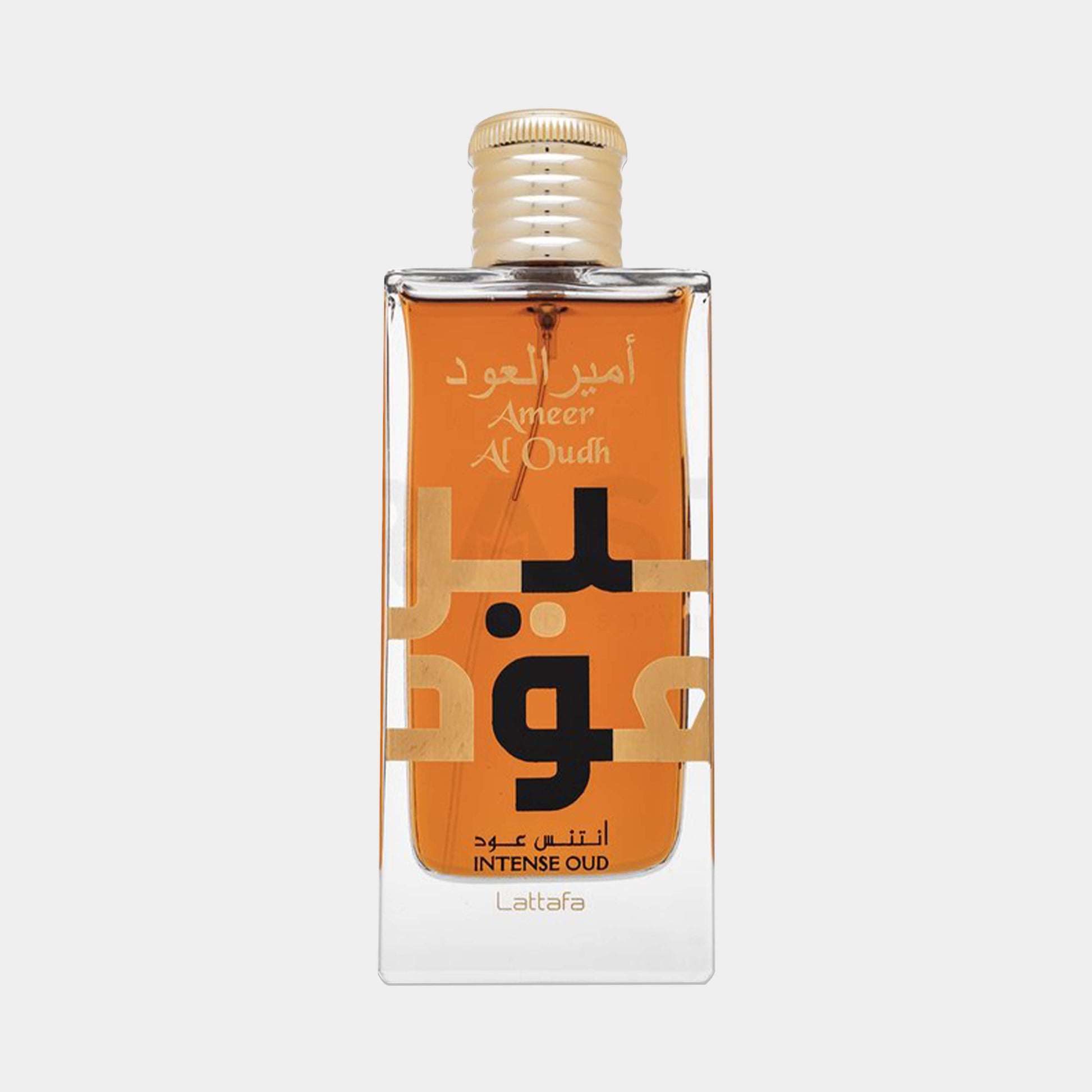Lattafa Perfumes Ameer Al Oudh Intense Oud Sample, featuring a clear bottle with a gold cap and Arabic text, showcasing a rich, warm brown liquid inside.