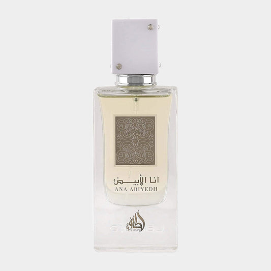 A full bottle of Lattafa Perfumes Ana Abiyedh, featuring a rectangular glass design with an ornate label and a white cap, exuding elegance and sophistication.