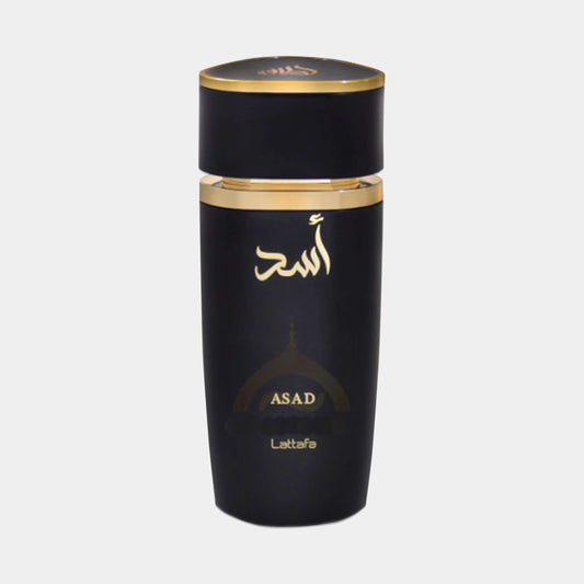 Lattafa Perfumes Asad full bottle featuring a sleek black design with gold accents and elegant Arabic calligraphy.
