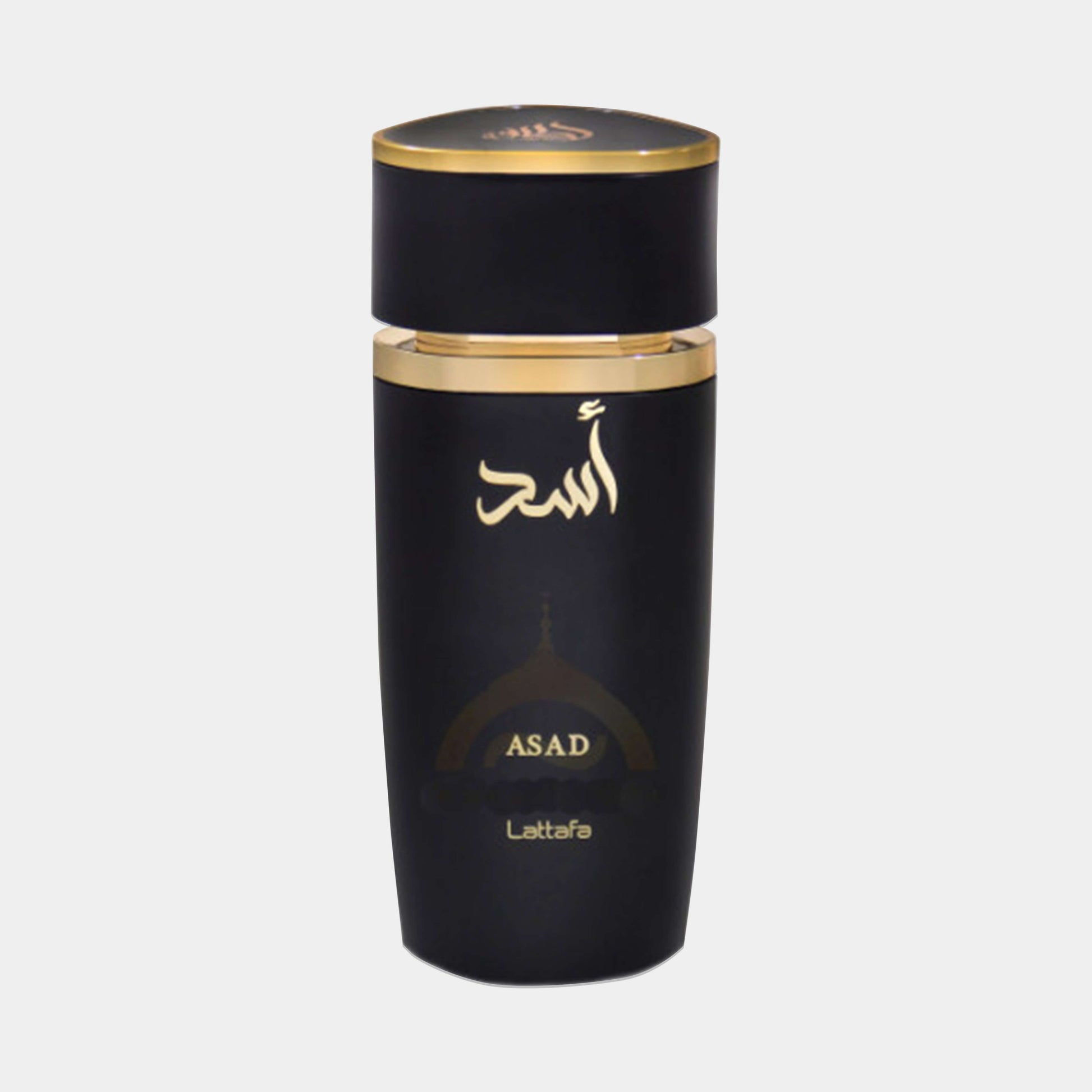 Lattafa Perfumes Asad Sample features an elegant black bottle with gold accents, showcasing the distinctive name ASAD prominently on the front.