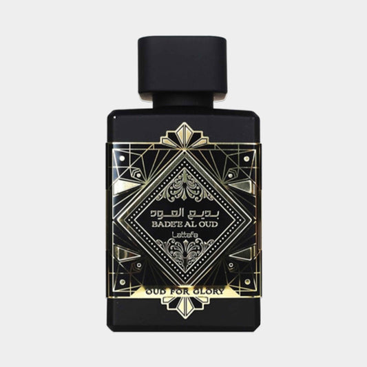 A full bottle of Lattafa Perfumes Oud for Glory, featuring an ornate black and gold design, showcasing its luxurious Oud fragrance.