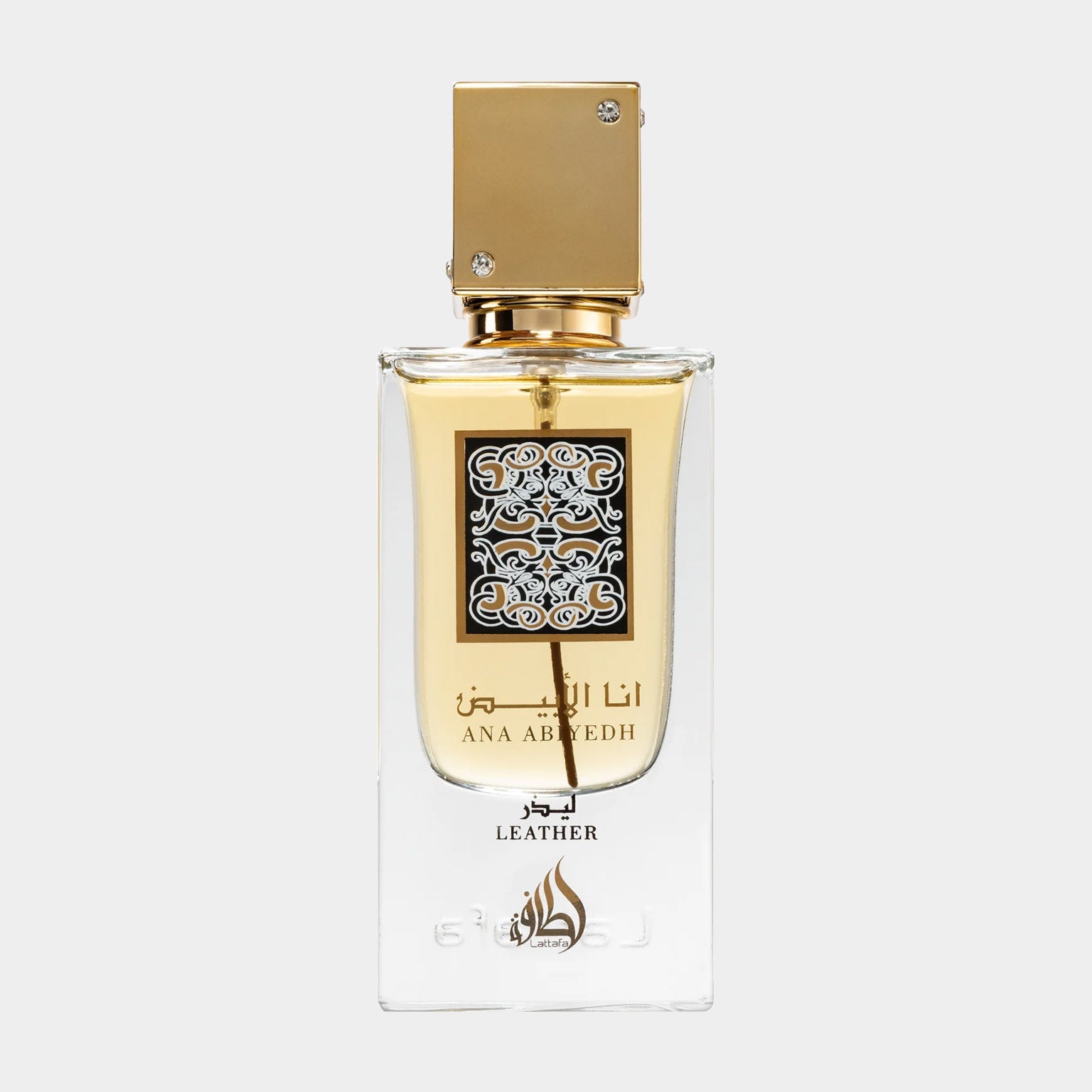 Lattafa Perfumes Ana Abiyedh Leather Sample presented in an elegant glass bottle with a gold cap and intricate label design.