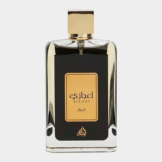 Lattafa Perfumes Ejaazi Sample in a sleek, rectangular bottle with a gold cap and distinctive black label featuring elegant Arabic script, showcasing a luxurious fragrance experience.