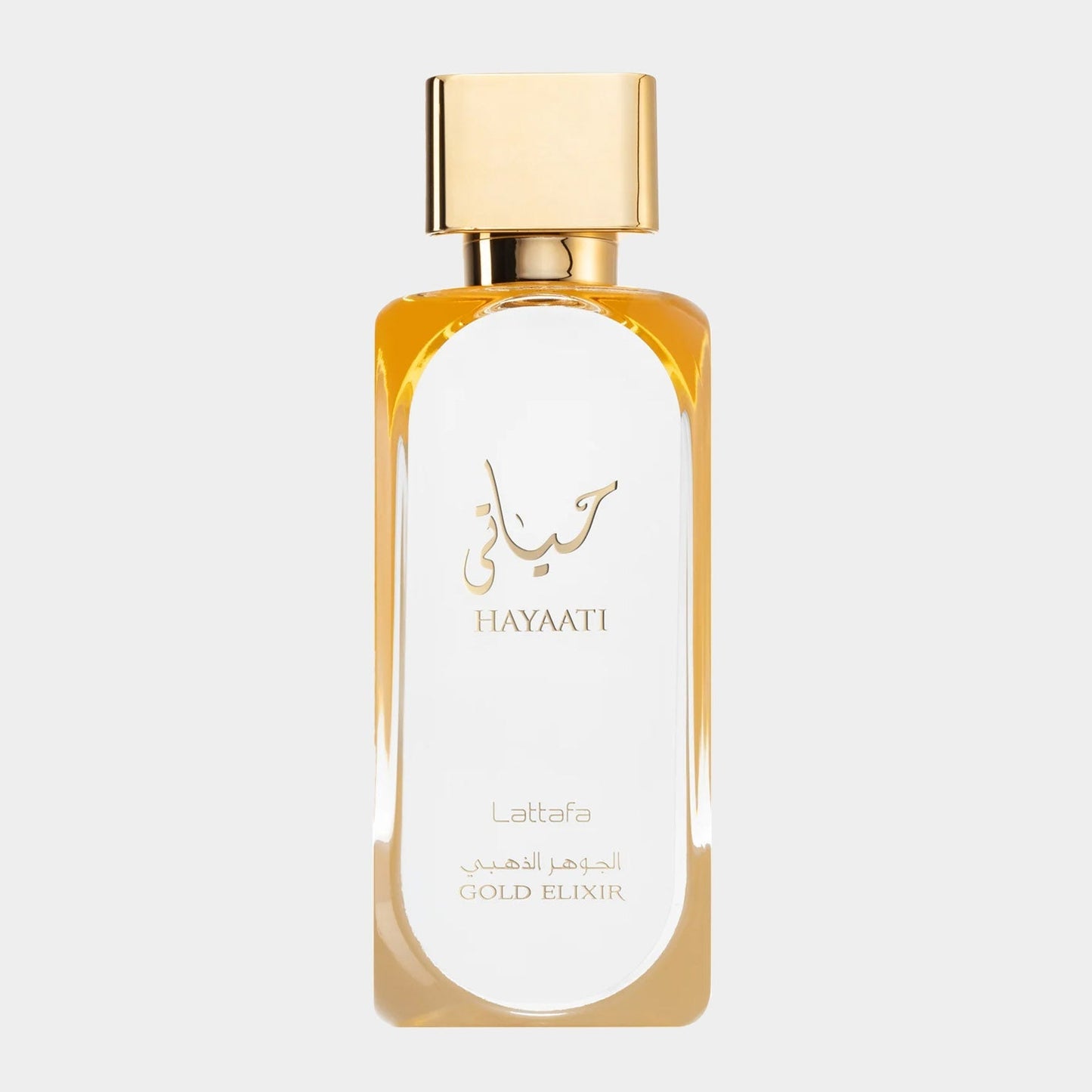 A full bottle of Lattafa Perfumes Hayaati Gold Elixir, featuring a sleek design with a golden cap and a transparent body showcasing the amber-colored fragrance inside.