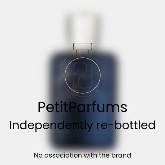 Layton Sample fragrance in an elegant dark bottle with a silver cap, featuring branded packaging that indicates it is independently re-bottled by PetitParfums.