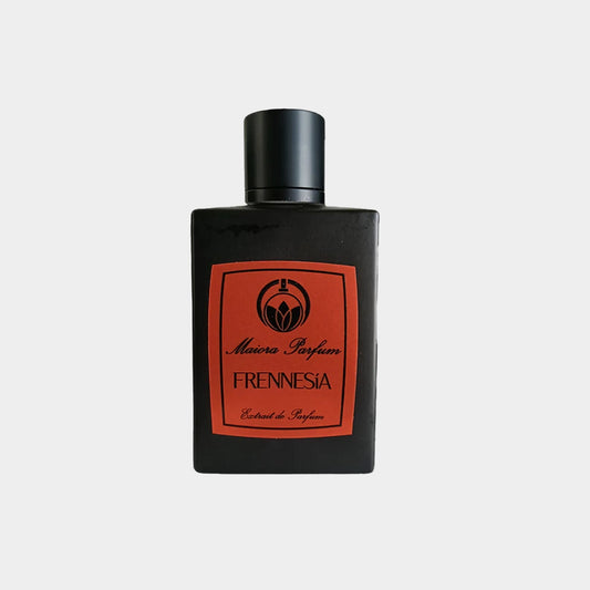 A sleek black bottle of Maiora Frennesia Sample perfume, featuring an elegant orange label with the brand name and a decorative emblem. The minimalist design conveys luxury and sophistication.