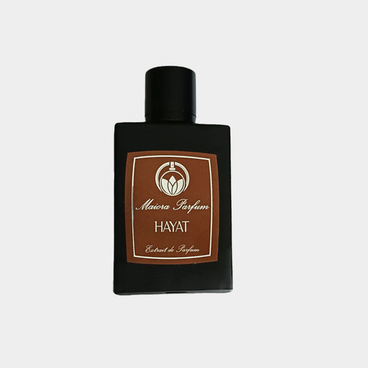 Maiora Hayat Sample, a sleek black perfume bottle with a brown label featuring the brand name and scent 'Hayat,' designed for fragrance exploration.